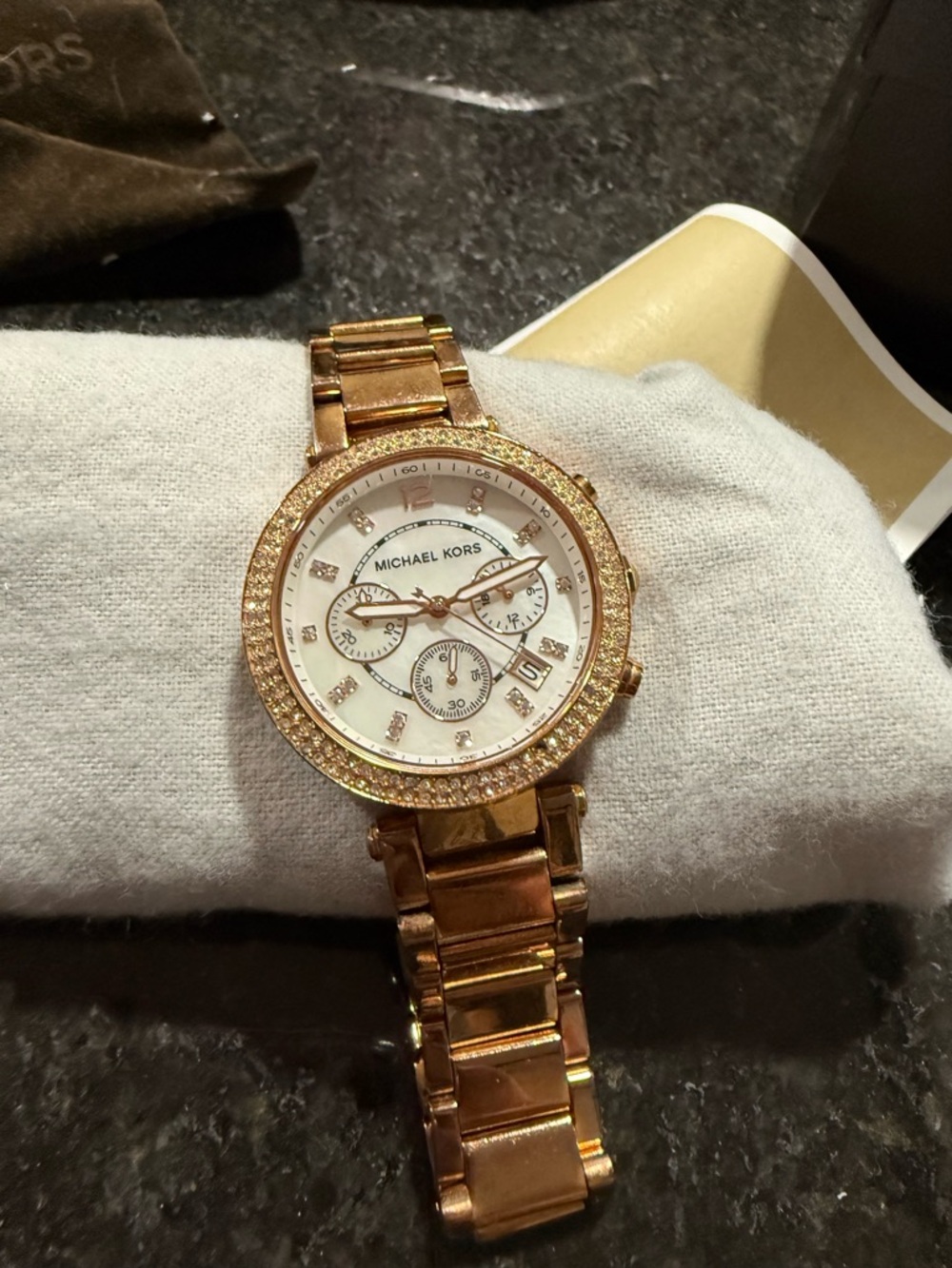 Worn Michael Kors Rose Gold Crystal Bezel Women's Watch (needs new battery)